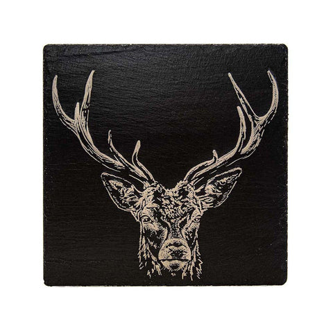 Black slate pot stand with an intricately engraved stag head in metallic finish perfect as a slate pot coaster