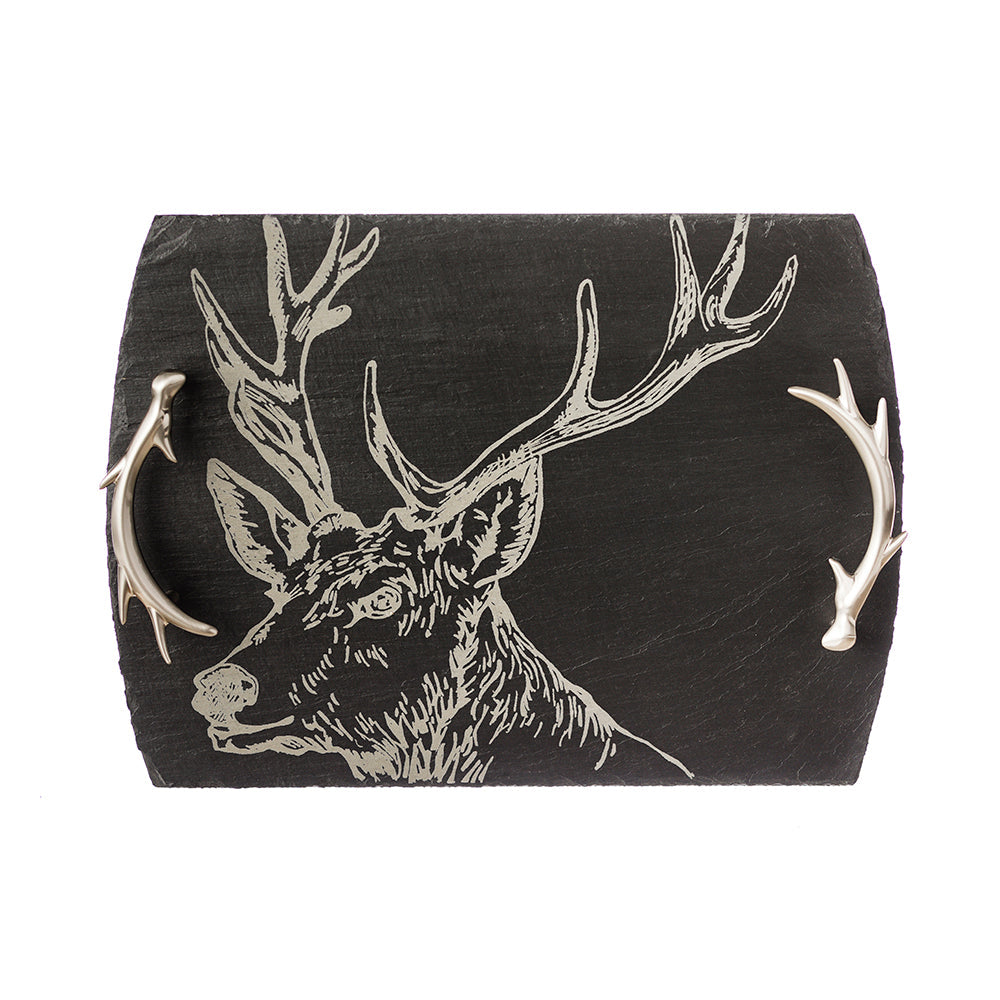 Black slate serving tray with silver engraved stag head and antler-shaped handles perfect for slate serving