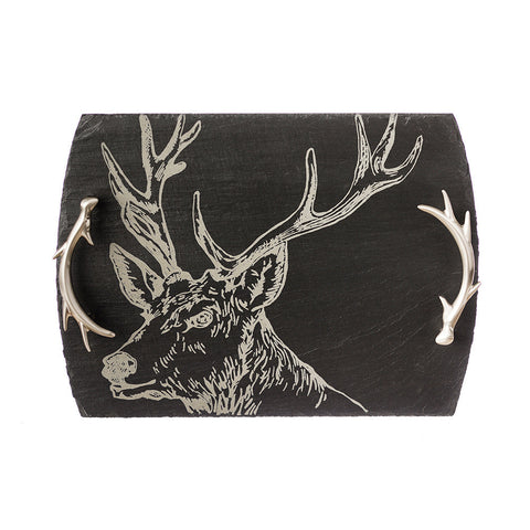 Black slate serving tray with silver engraved stag head and antler-shaped handles perfect for slate serving