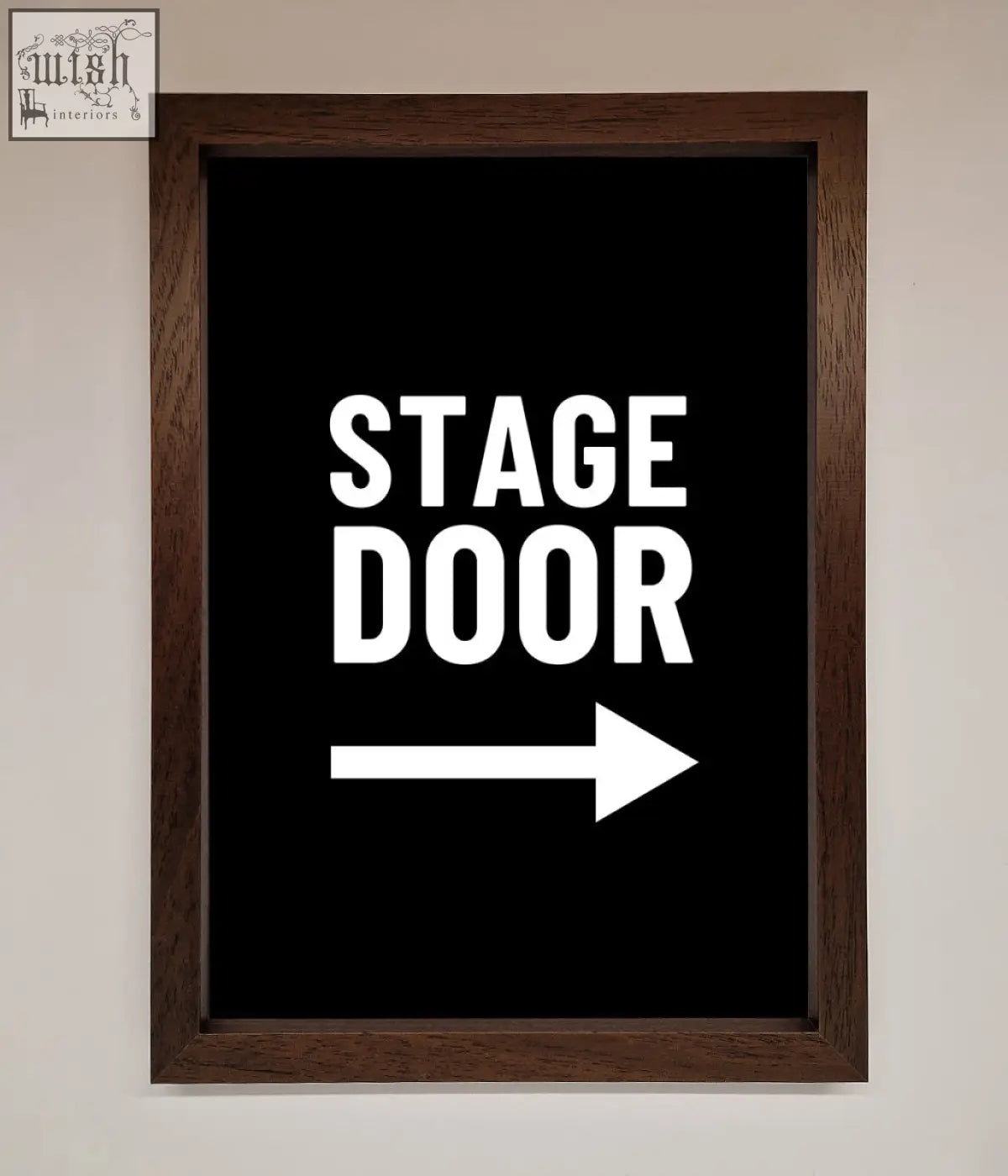 Black framed stage door framed print with bold white text and right pointing arrow for theater decor