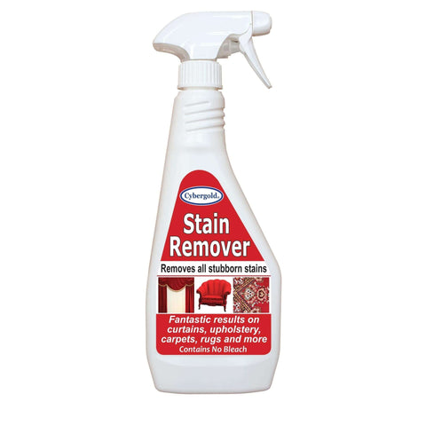 White plastic spray bottle of cybergold stain remover spray with red label and white trigger nozzle 500ml remover spray