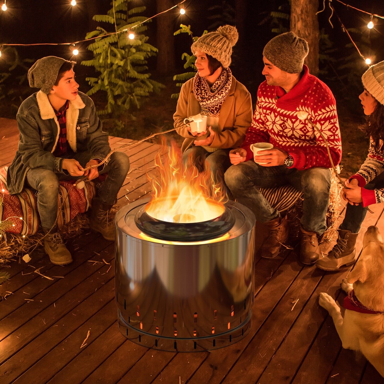 Stainless steel smokeless fire pit with oxygen-enriched fire technology silver premium stainless steel black top and slotted base