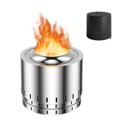 Stainless steel smokeless fire pit with premium stainless steel body and vibrant orange flames with protective cover