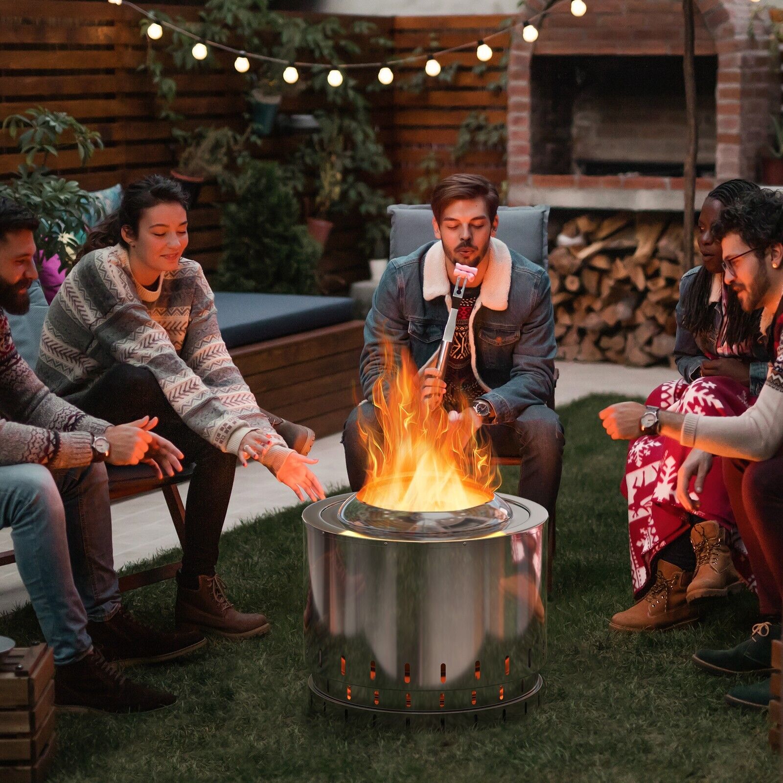 Stainless steel smokeless fire pit with oxygen-enriched fire tech and perforated base in premium stainless steel silver