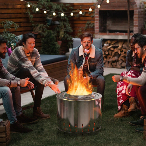 Stainless steel smokeless fire pit with oxygen-enriched fire tech and perforated base in premium stainless steel silver