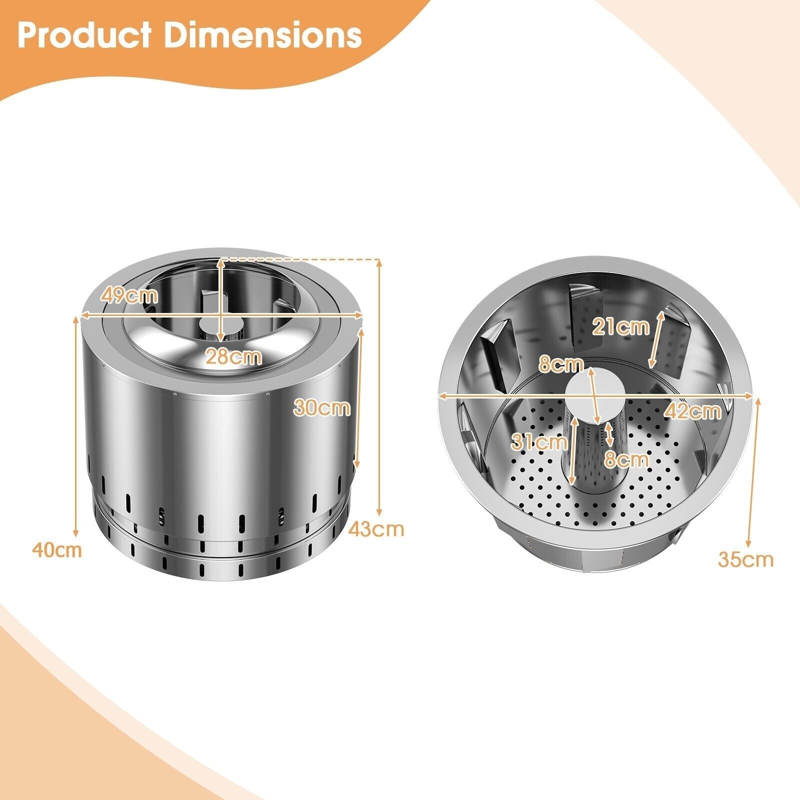 Stainless steel smokeless fire pit in silver with perforated inner chamber and ventilation slots for oxygen-enriched fire