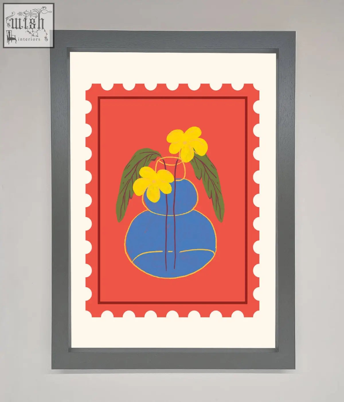 Stamp plant framed wall art featuring a stylized blue vase with yellow flowers and green leaves on a red background
