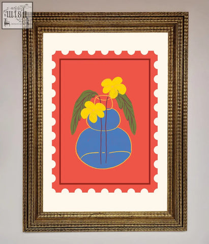 Stylized blue vase with yellow flowers and green leaves in a stamp plant framed wall art with a gold frame and red background
