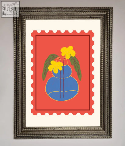 A stamp plant framed wall art print showing a blue vase with yellow flowers on red in an ornate dark metal frame