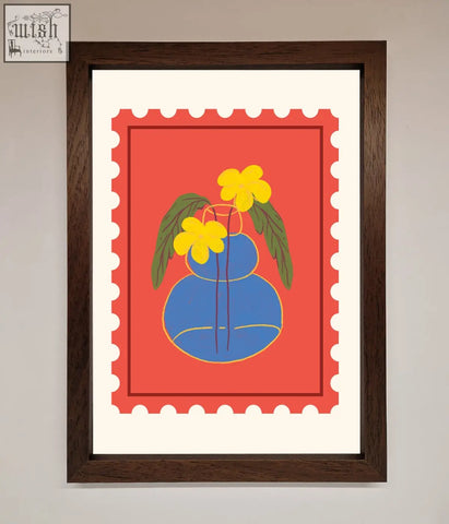 Stamp plant framed wall art featuring a stylized blue vase with yellow flowers and green leaves on red background