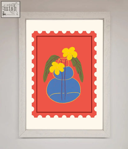 Stylized blue vase with yellow flowers and green leaves in stamp plant framed wall art with white frame and red background