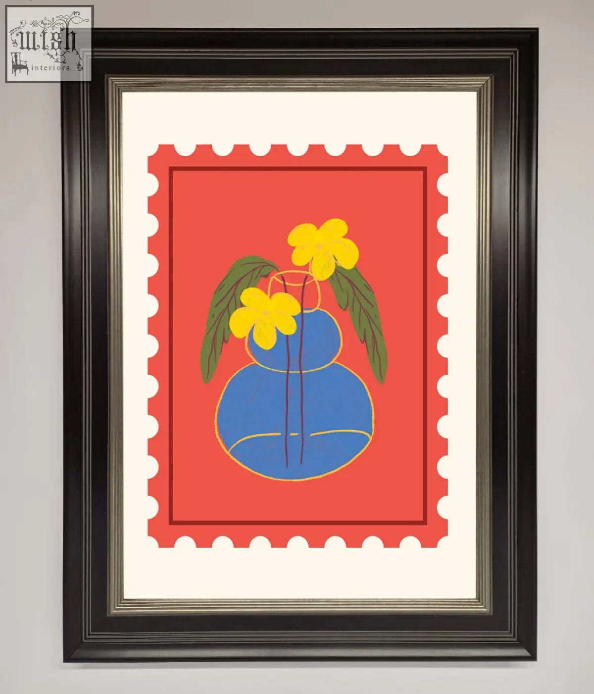 Stamp plant framed wall art featuring a blue vase with yellow flowers on red in a stylized postage stamp design