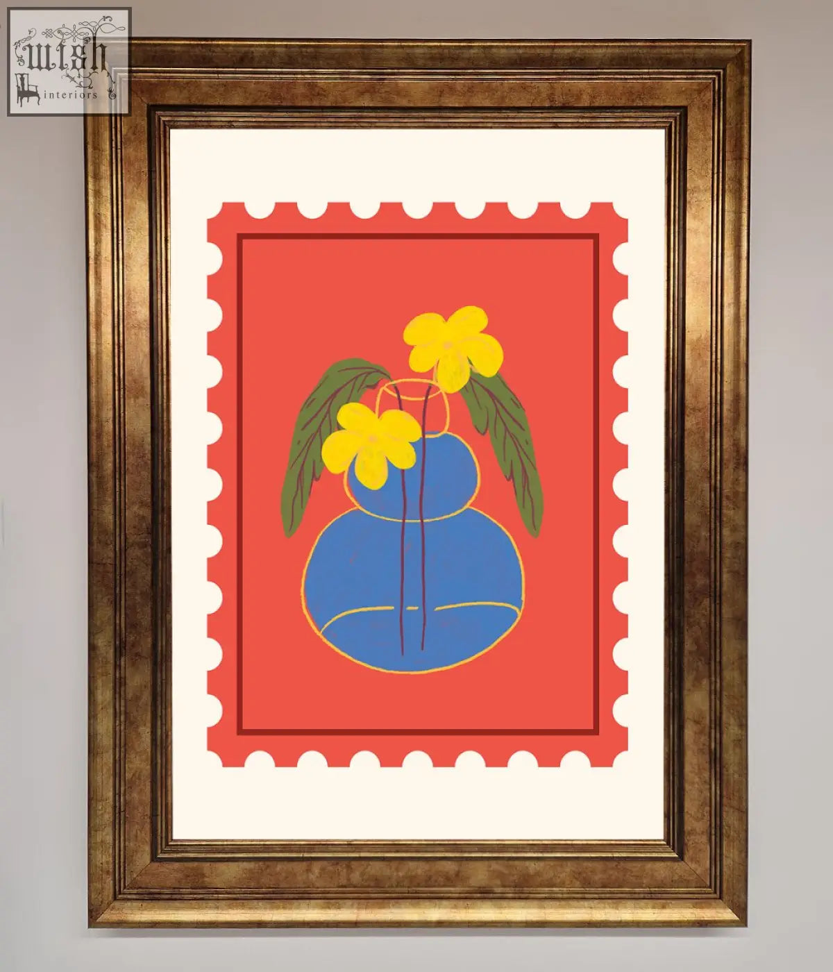 Stamp plant framed wall art featuring a blue vase with yellow flowers and green leaves on a red background