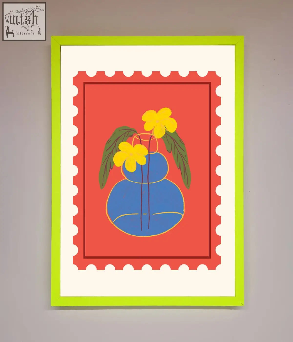 A stamp plant framed wall art featuring vibrant blue vase with yellow flowers and green leaves on red background