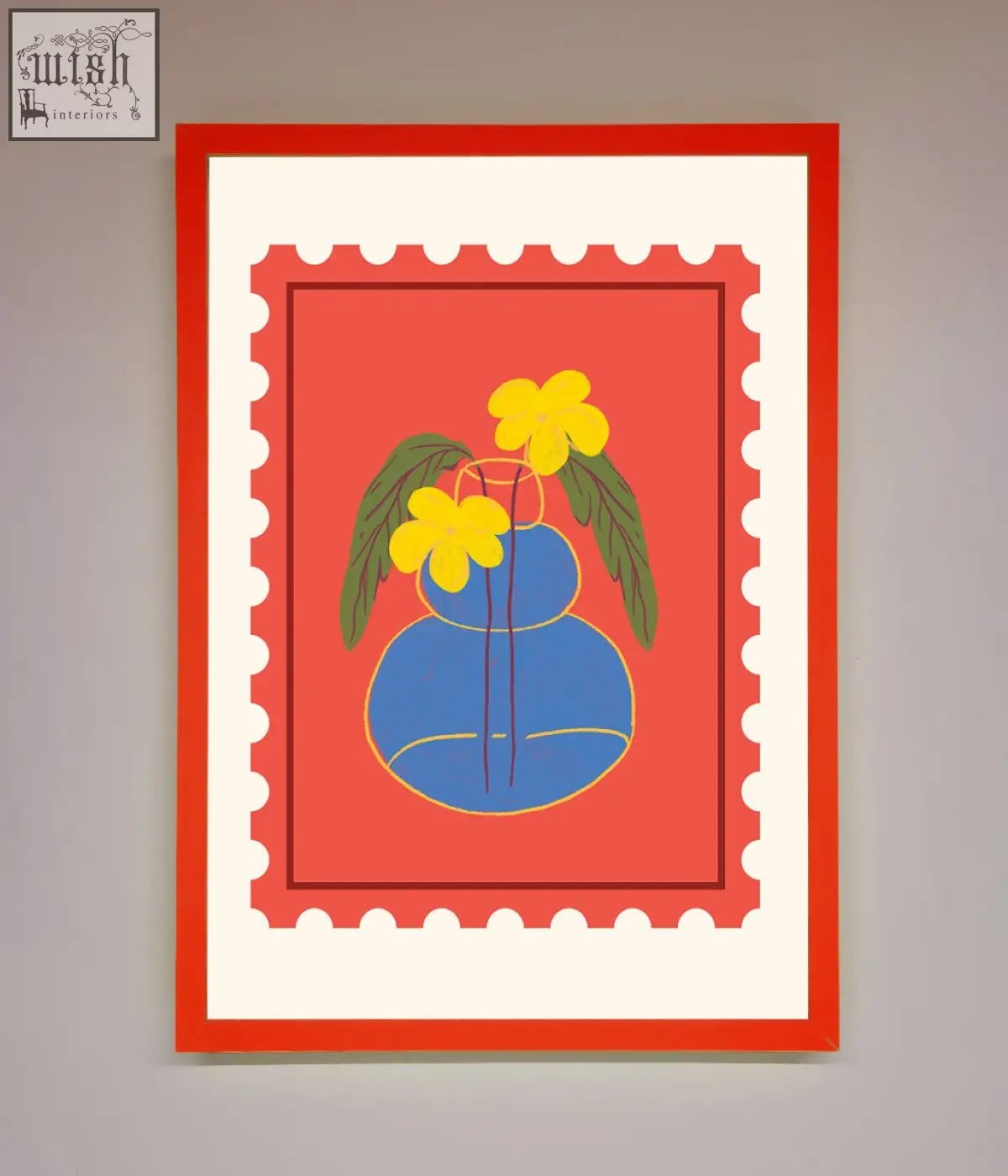 Vibrant stamp plant framed wall art with a red frame, blue vase, yellow flowers, and bold orange background