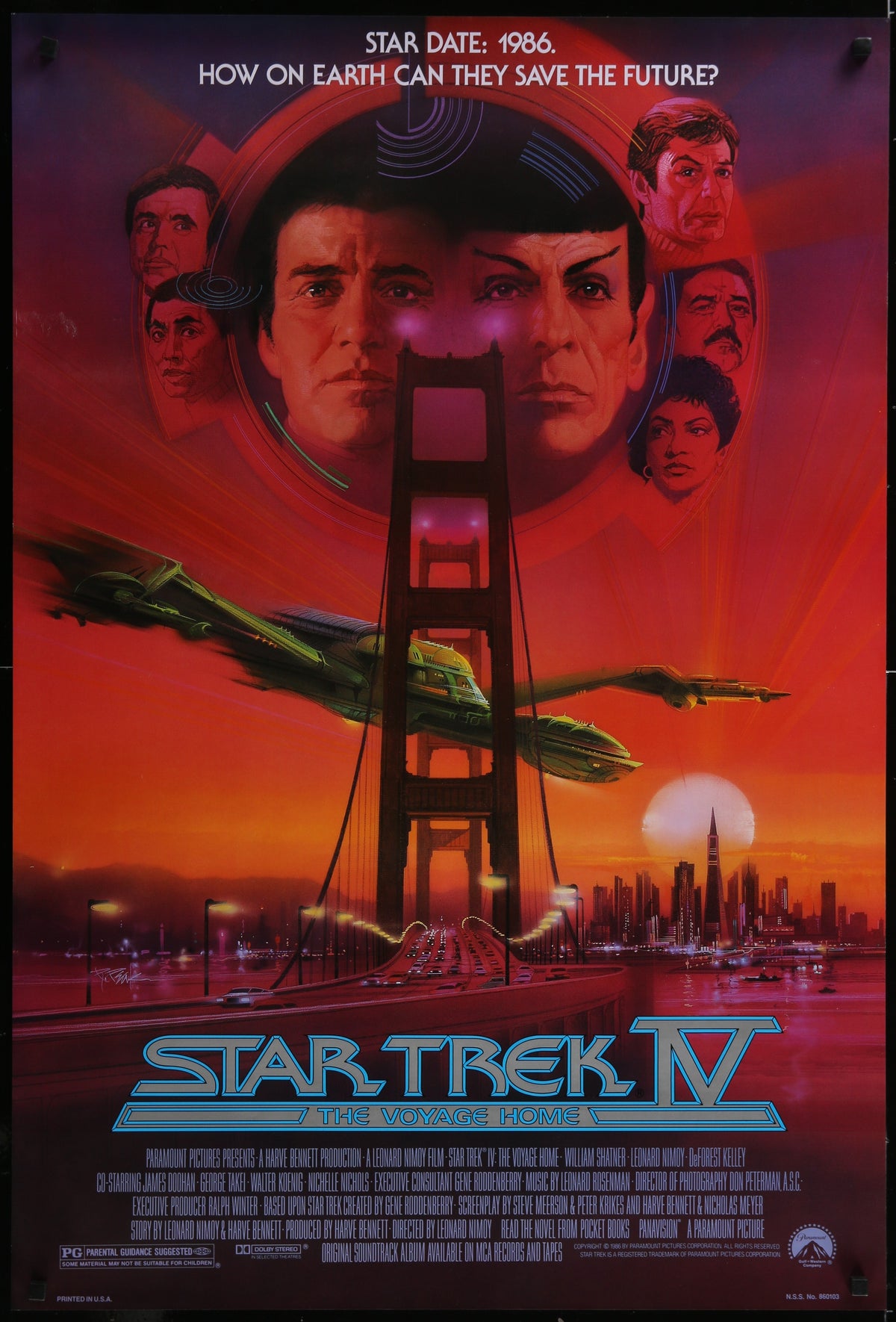 Vibrant red and orange star trek iv original vintage movie poster featuring enterprise ship and characters faces in oval frame