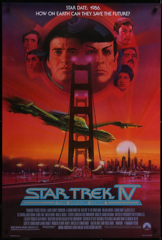Vibrant red and orange star trek iv original vintage movie poster featuring enterprise ship and characters faces in oval frame