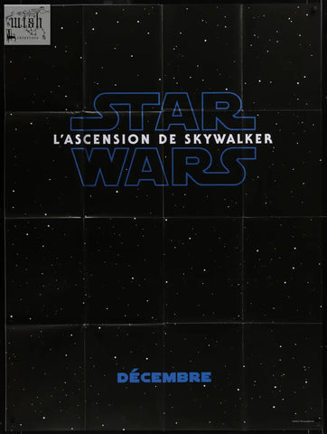 Blue outlined star wars movie poster with title l ascension de skywalker and release month décembre for space epic