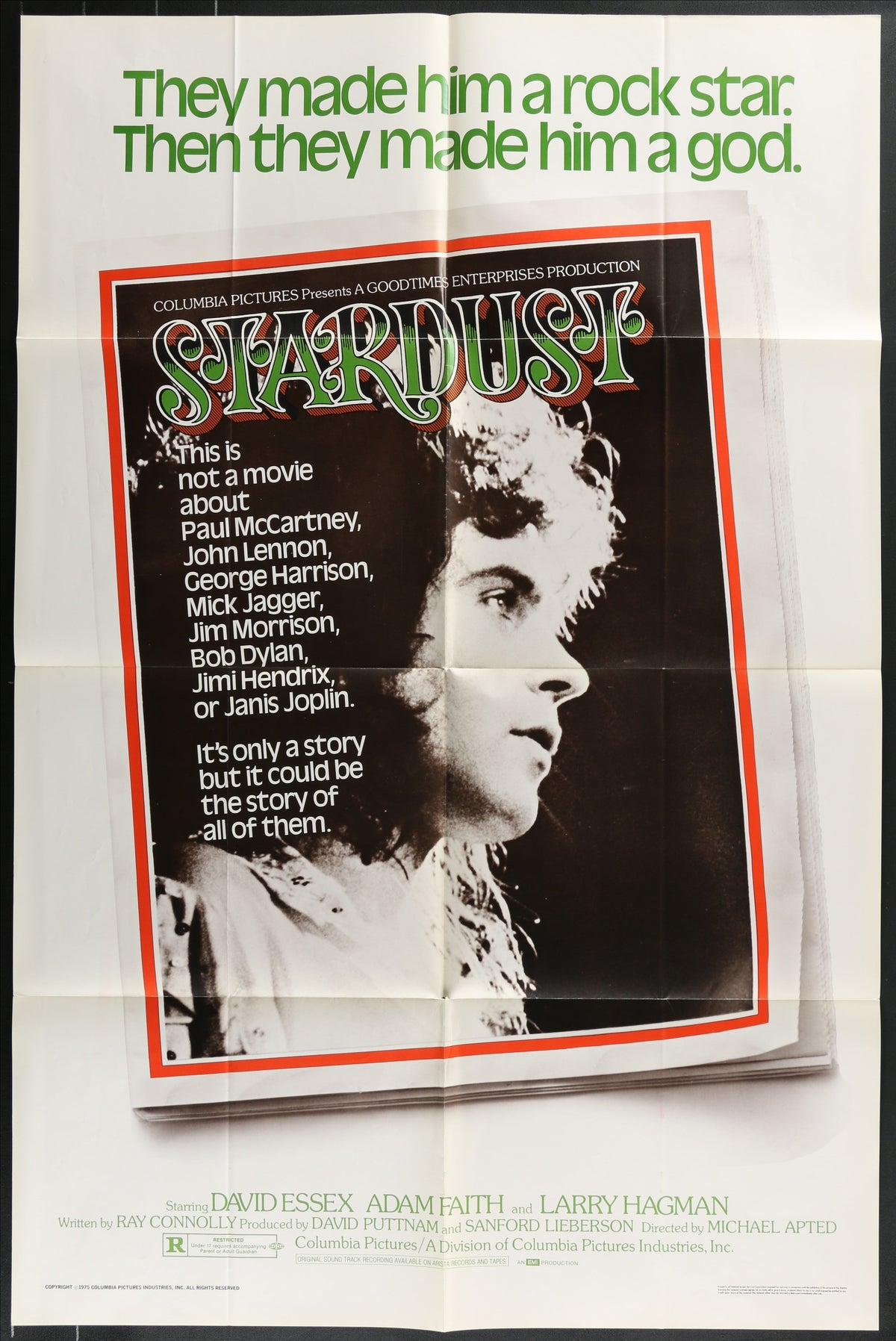 Vintage black and white stardust 1974 original us movie poster with red green title and musician names like paul mccartney john lennon
