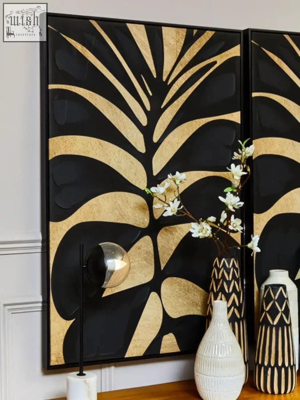 Steeen large vase featuring black and gold leaf-patterned glazed stoneware with a sleek modern design large vase