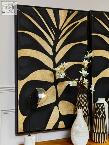 Steeen large vase featuring black and gold leaf-patterned glazed stoneware with a sleek modern design large vase