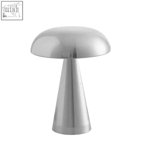 Shiny silver mushroom-shaped stella rechargeable table lamp with built-in rechargeable battery and led bulbs