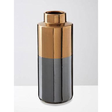 A stellar grey large metallic vase with a sleek two toned ceramic design in glossy gold and matte black finish