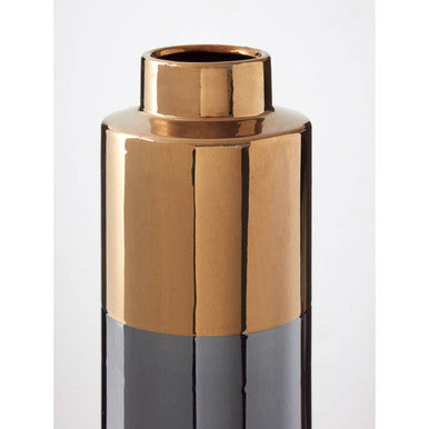 A sleek stellar grey large metallic vase with a polished gold top and matte black ceramic bottom perfect for decor
