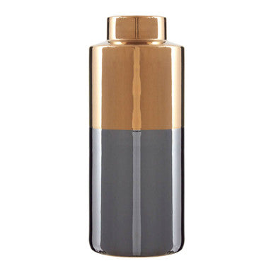 A sleek stellar grey large metallic vase with a polished gold top and matte dark grey base perfect for decor