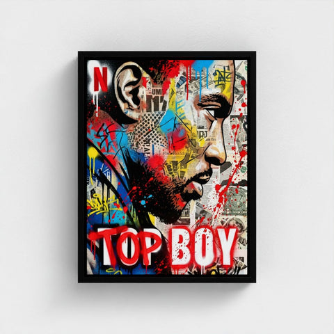 A framed print of stencil state of mind featuring a graffiti style portrait with red and blue splatters on newspaper clippings