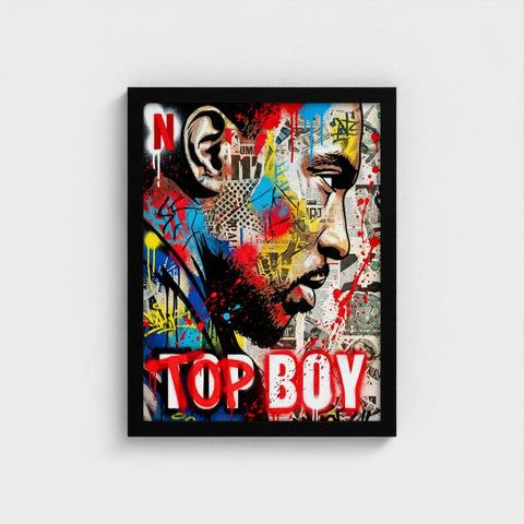Framed print of stencil state of mind with vibrant red blue yellow paint splatters over newspaper clippings and street art