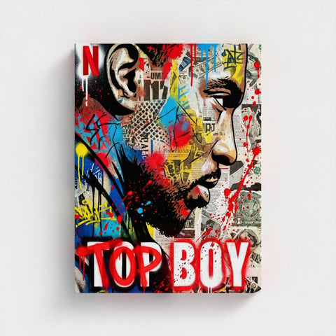 Stencil state of mind vibrant framed canvas with red blue yellow splatters and newspaper street art elements