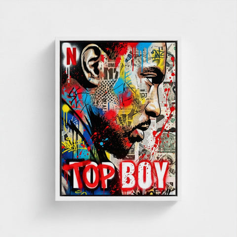Vibrant stencil state of mind framed print with bold red blue yellow graffiti splashes over newspaper clippings