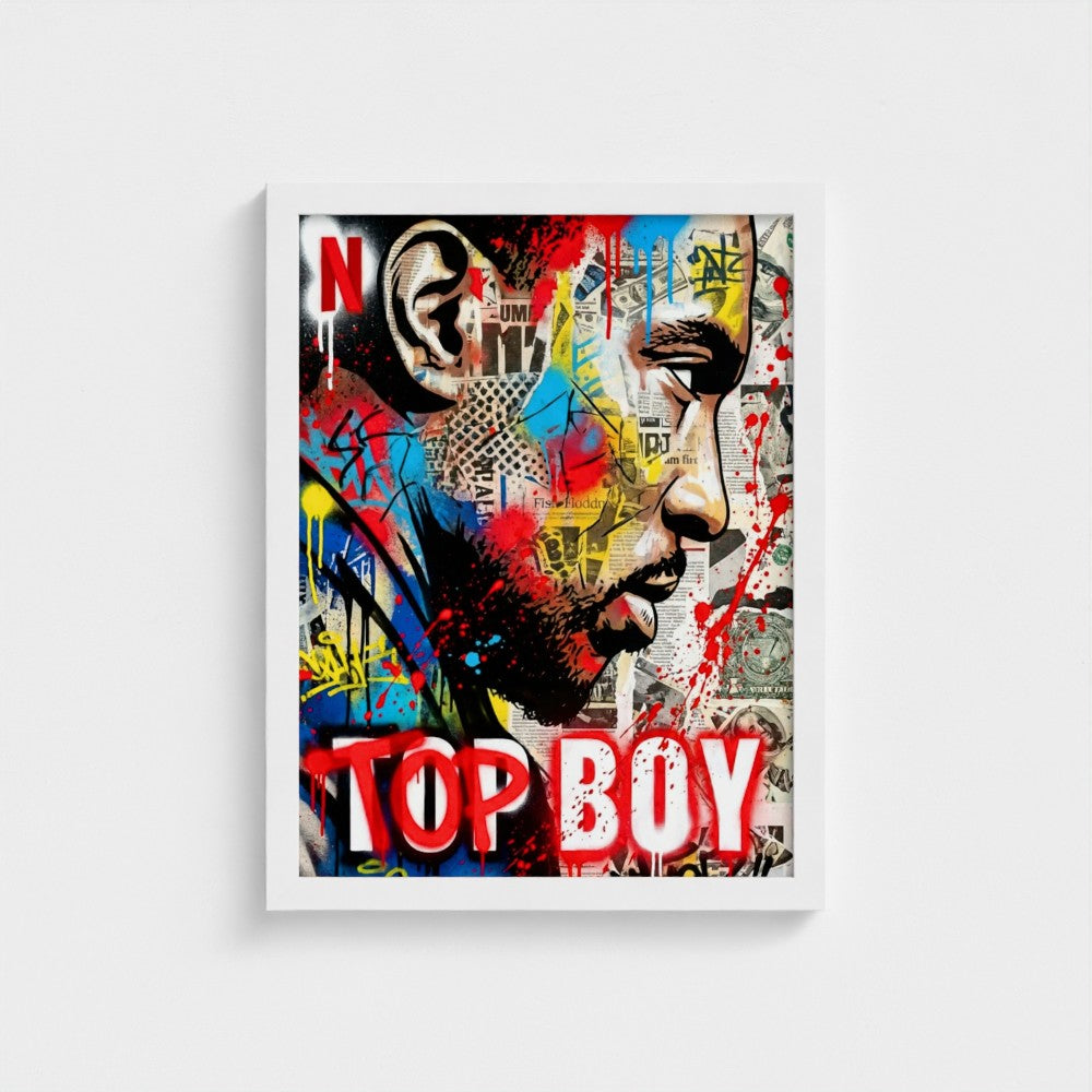 A vibrant framed print with graffiti style portrait red and blue splatters over newspaper clippings titled top boy