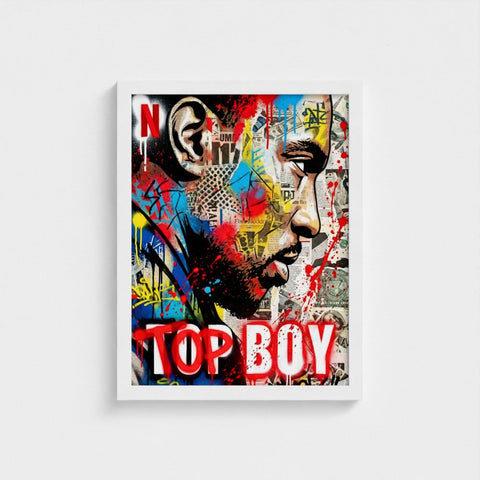 A vibrant framed print with graffiti style portrait red and blue splatters over newspaper clippings titled top boy