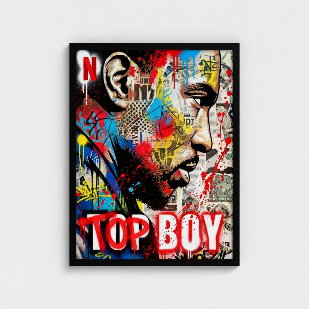 Vibrant stencil state of mind framed print with bold red blue yellow splatters over newspaper clippings and street art