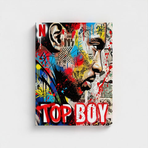 Vibrant stencil state of mind framed canvas with bold red blue yellow splatters over street art and newspaper clippings