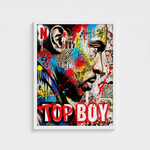 Vibrant graffiti-style framed print featuring a red and blue splattered portrait over newspaper clippings and top boy text