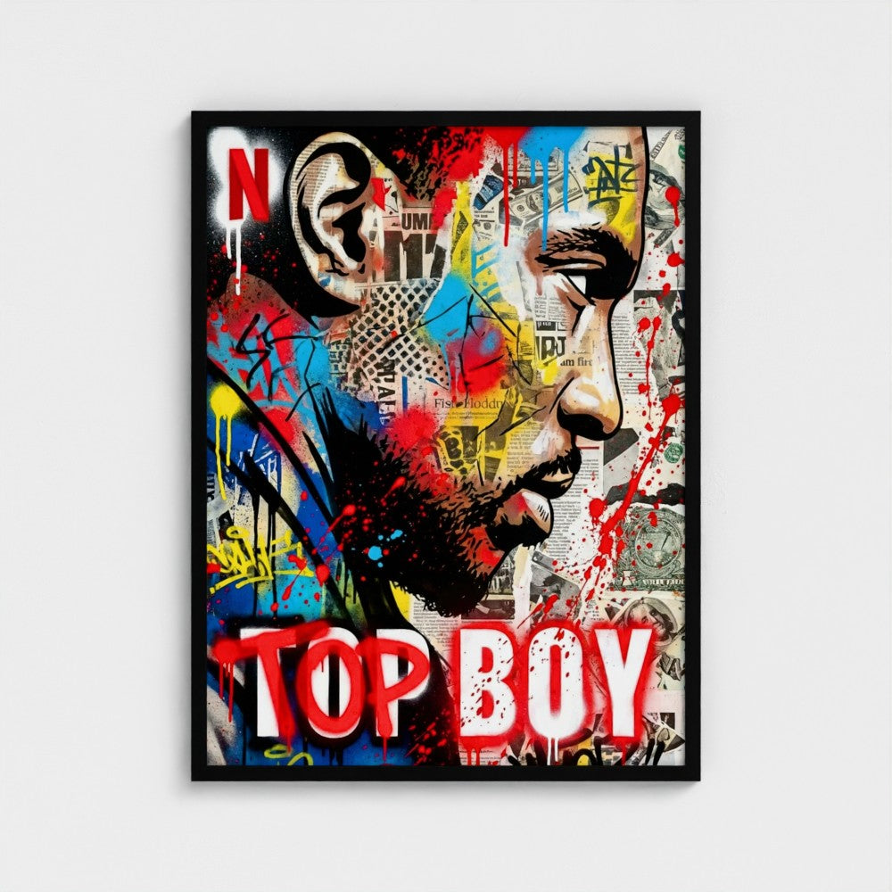 Framed print of vibrant graffiti-style stencil state of mind with red blue yellow splatters and top boy text