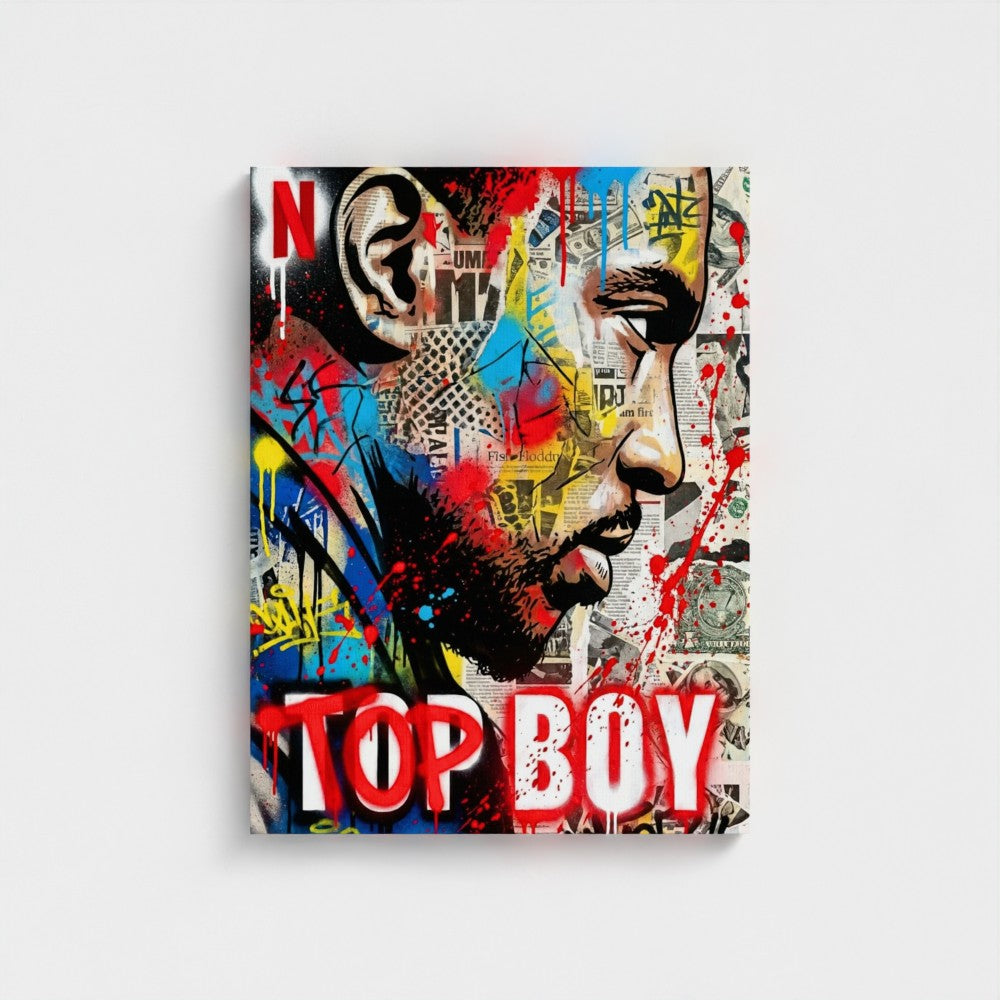 Vibrant stencil state of mind framed canvas print with bold red blue yellow splatters on newspaper clippings background