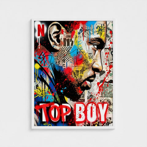Stencil state of mind framed print featuring a vibrant graffiti style portrait with bold red and blue splashes and dripping top boy title