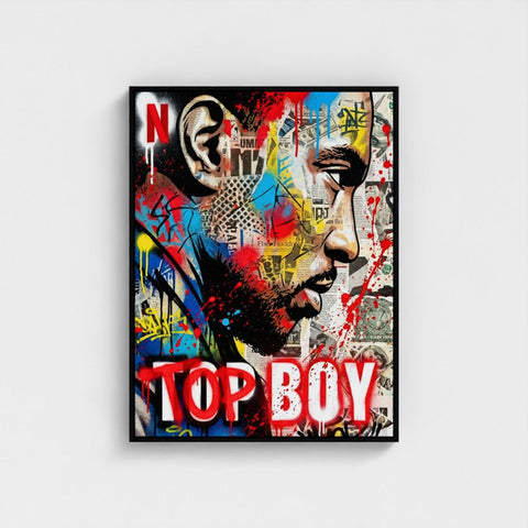 Framed print featuring vibrant graffiti-style portrait with red blue and yellow splashes over newspaper clippings