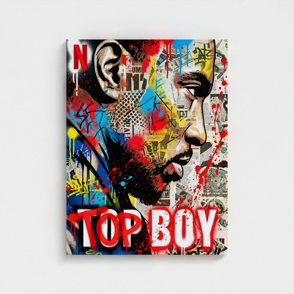 Vibrant framed canvas print stencil state of mind with bold red blue yellow splatters over newspaper clippings