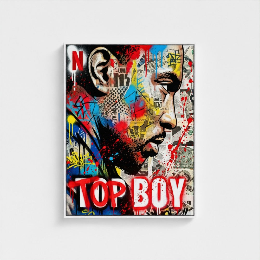A vibrant framed print of a stencil state of mind featuring bold red and blue splatters over newspaper clippings