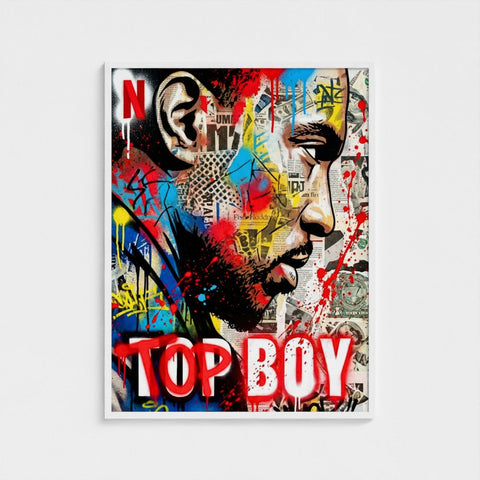 Vibrant framed print of stencil state of mind with bold red blue yellow graffiti style over newspaper clippings