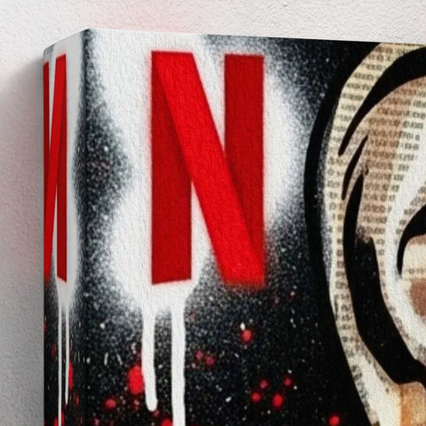 Bold red netflix logo spray-painted with dripping effects on black and white canvas framed print called stencil state of mind