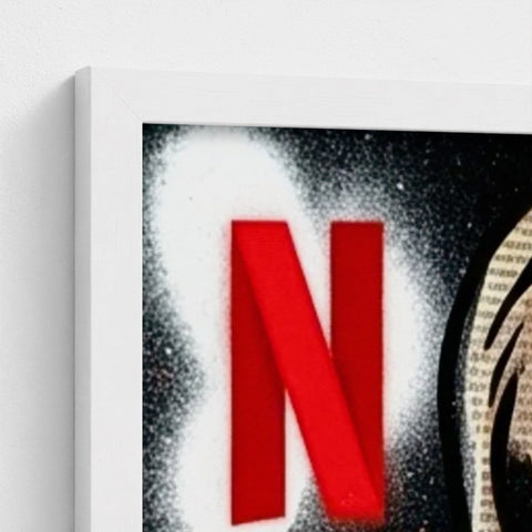 Framed canvas showing a bold red netflix logo spray-painted on a textured black and white background stencil state of mind