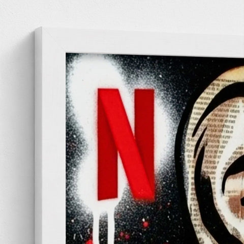 Bold red netflix logo spray-painted on black background with white splatter on framed canvas stencil state of mind
