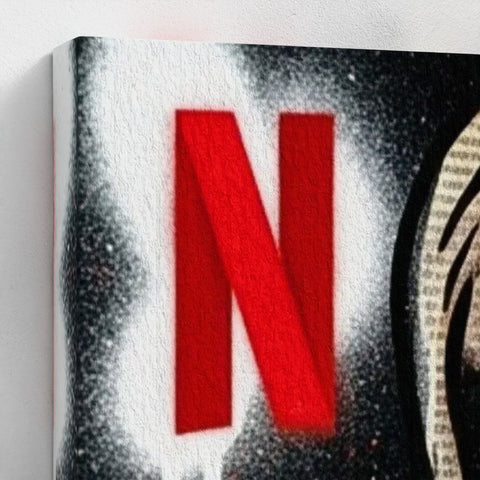 Red netflix logo on textured framed canvas with black and white spray paint background stencil state of mind design
