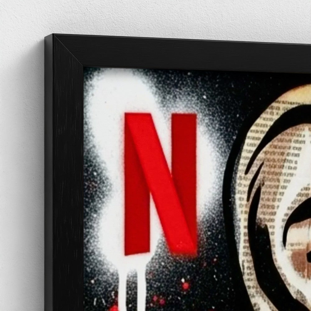 Red netflix logo spray-painted on black background with white splatter on a framed canvas called stencil state of mind